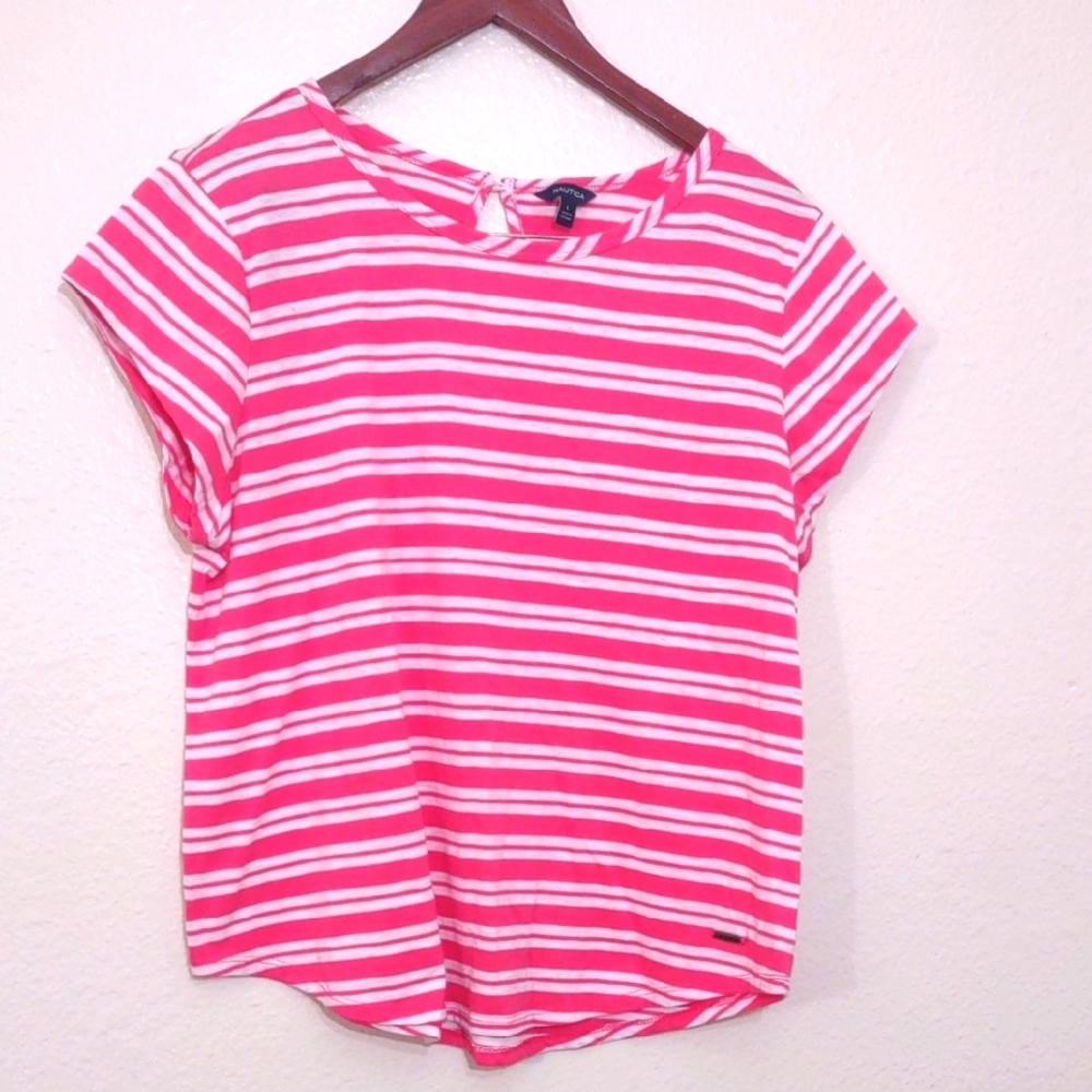 SLIGHTLY USED NAUTICA HORIZONTAL PINK AND WHITE STRIPE KEY HOLE CLOSER ON BACK